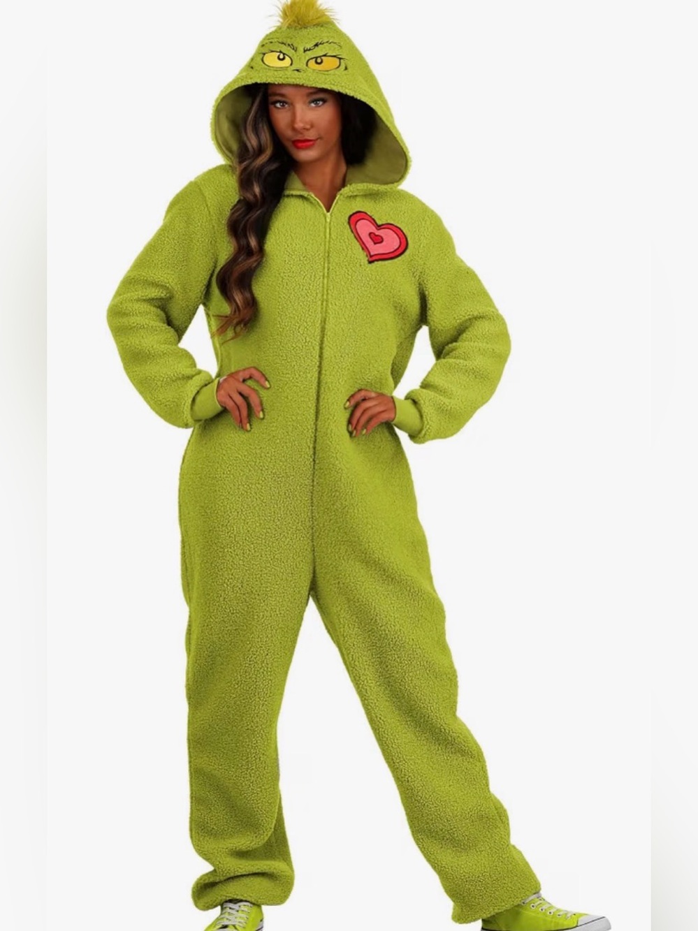 Adult Lime Green Heart Grinch Hooded Onesie Costume size 8-10 medium